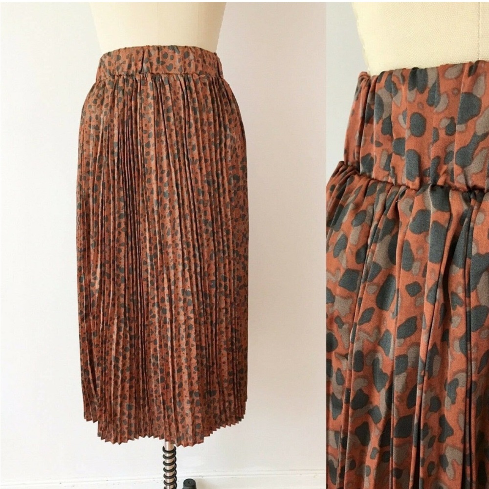 Anthropologie Numph Leopard Print Terracotta Midi Skirt Pleated Size Small